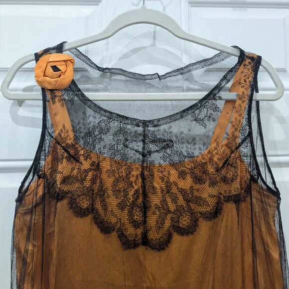 Antique Vintage 1920s Drop Waist Dress Orange Black Lace Medium Art Deco Flapper - Picture 3 of 9